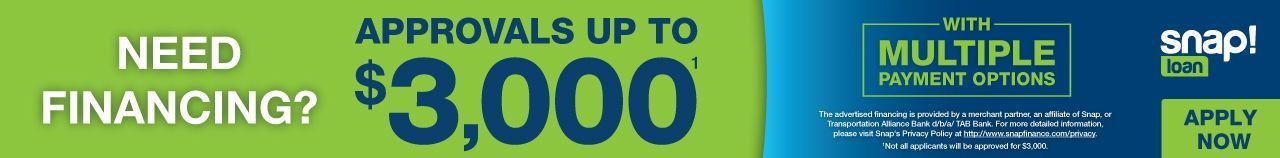 Green banner ad: “Need financing? Approvals up to $3,000” with logos for multiple options and SNAP.