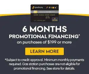 Black and yellow promotional banner for 6 months financing on purchases of $199+ with a Learn More button
