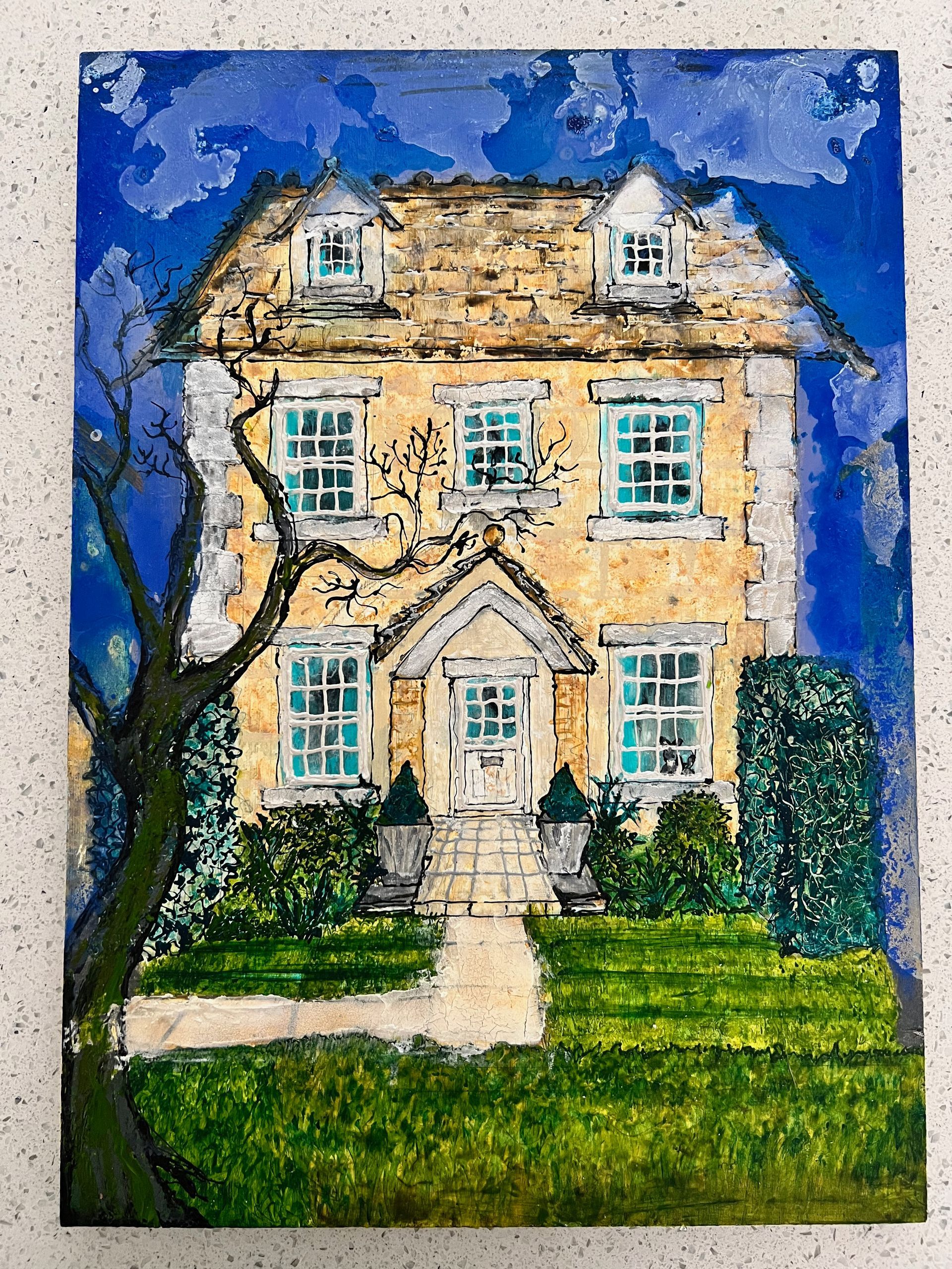 Yellow house painting with blue sky, tree, and green grass.