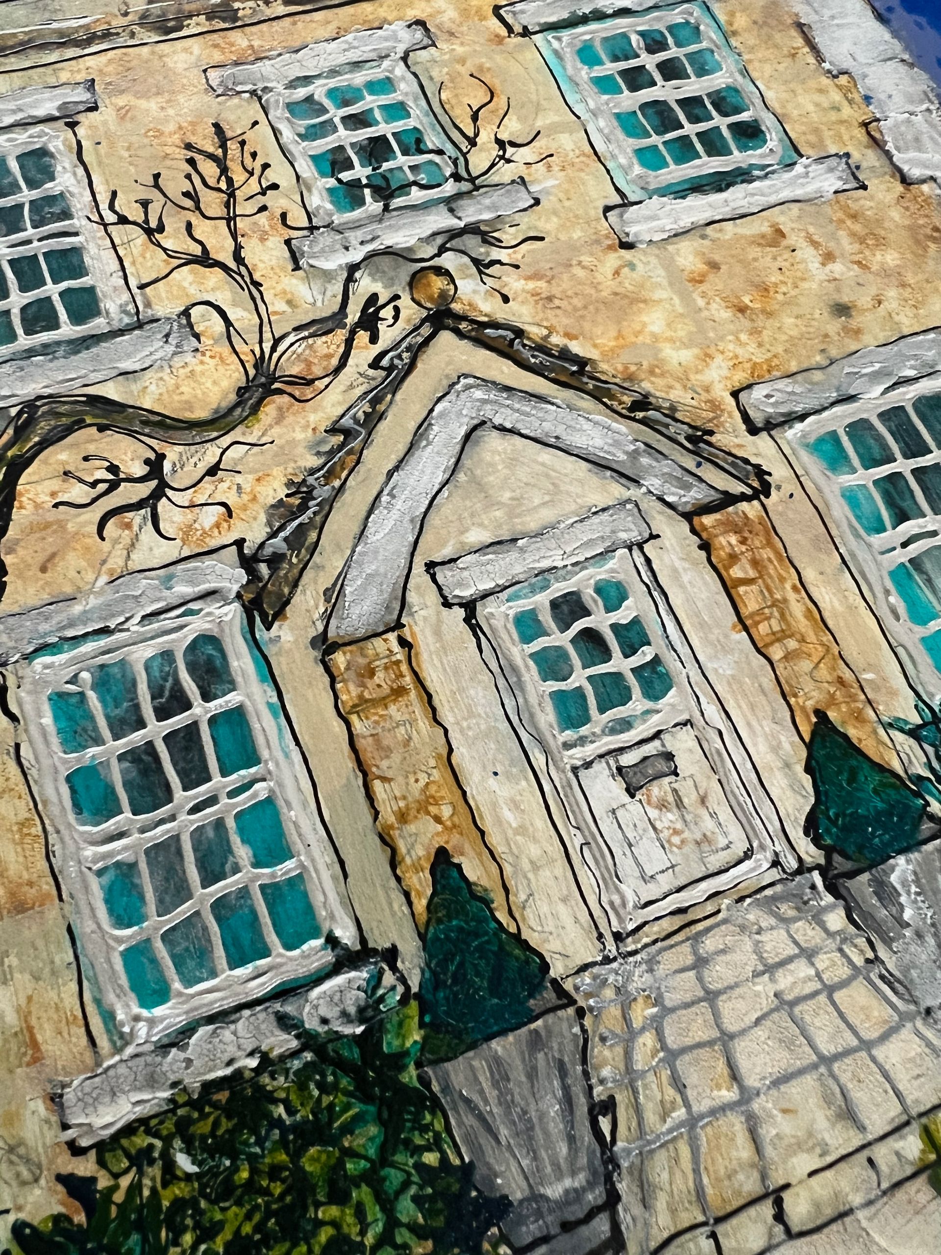 Watercolor painting of a cream-colored house with teal windows and door, and a climbing bare tree.
