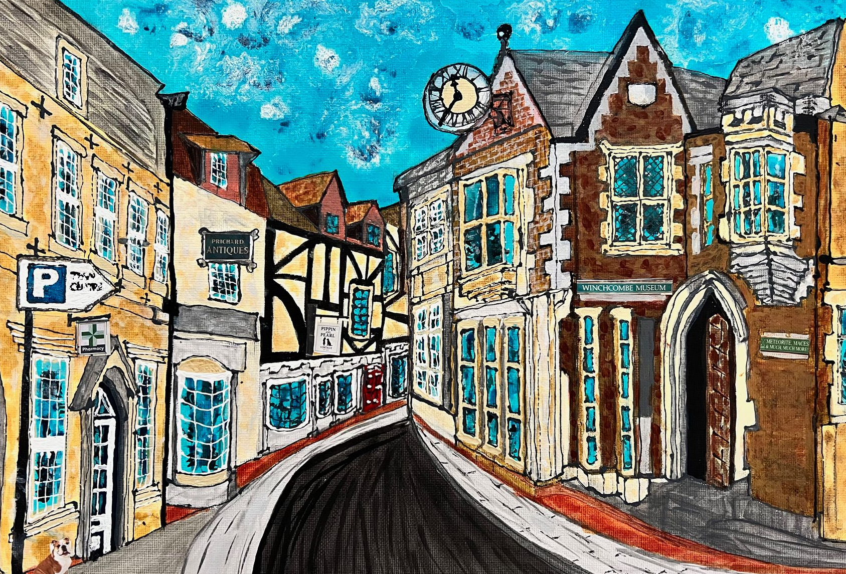 Street scene with buildings; perspective of road; clock tower, varying architecture. Blue sky, brown, yellow hues.