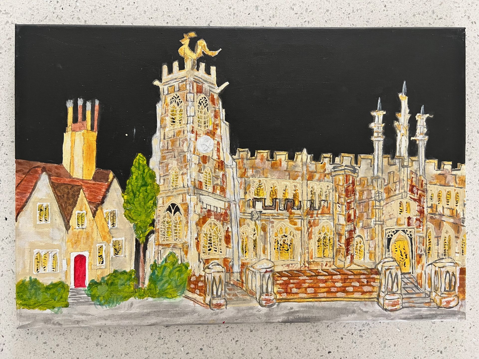 Painting of a tall, ornate building with a clock tower, surrounded by buildings against a dark sky.