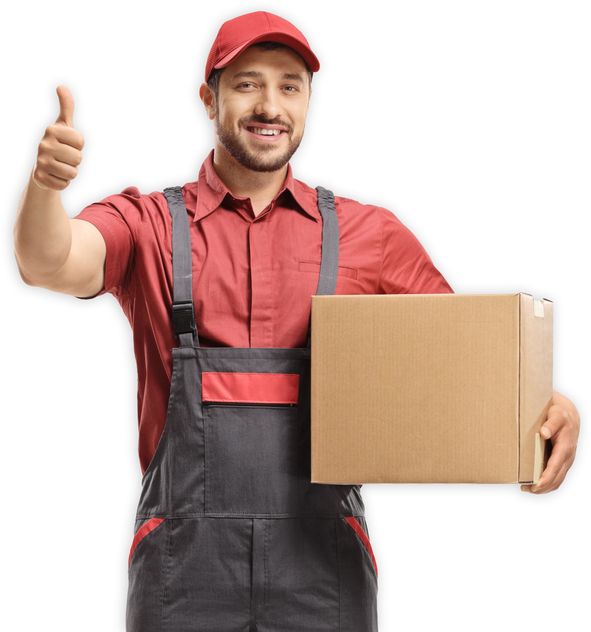 A delivery man is holding a cardboard box and giving a thumbs up