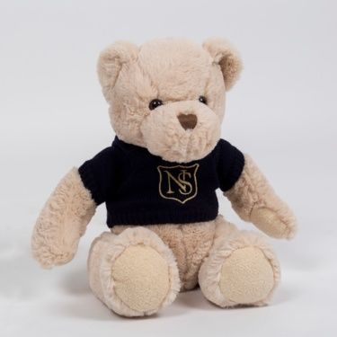A teddy bear wearing a black shirt with the letter ns on it