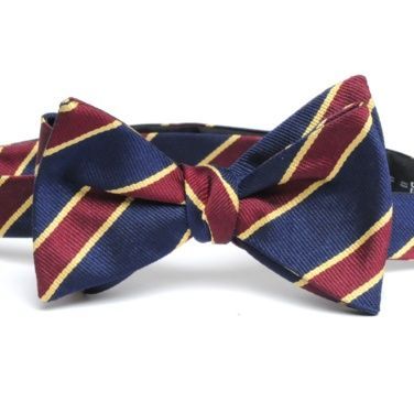 A blue and red striped bow tie on a white background