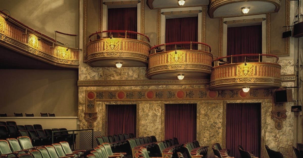 The inside of a theatre with balconies and rows of seats.