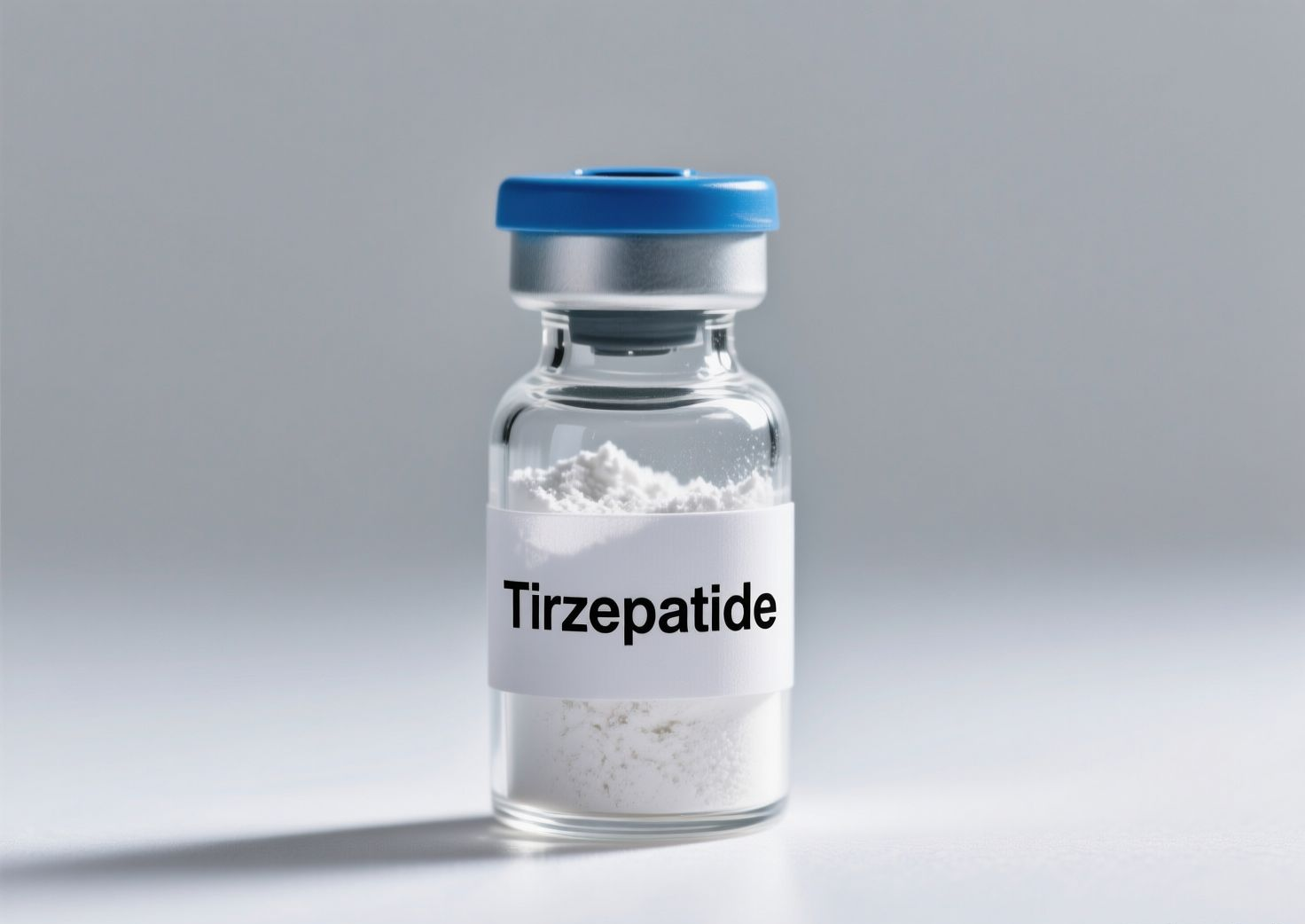 Vial of Tirzepatide, a white powder, with a blue cap and label.