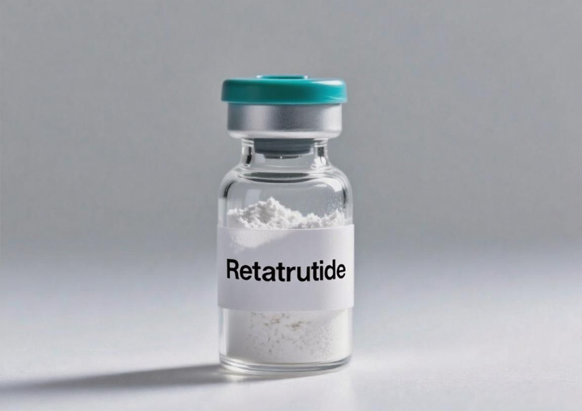 Vial of Retatrutide medication, with a white powder inside. Label is centered on a glass vial with a teal cap.