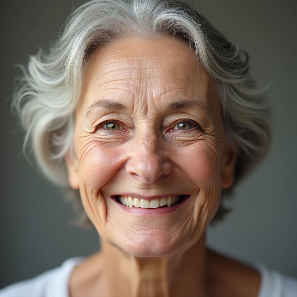 Woman with gray hair smiles, wrinkles around eyes, against a plain background.