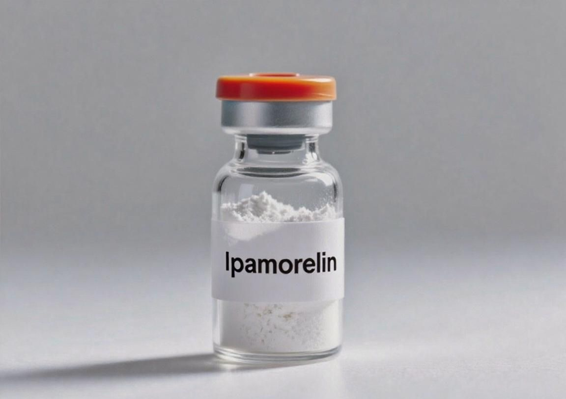 Vial of Ipamorelin, a white powder inside a clear glass container with an orange cap, sitting on a white surface.