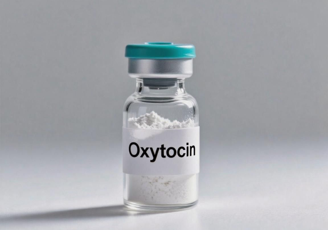 Vial of Oxytocin; white powder inside with a teal cap and label.