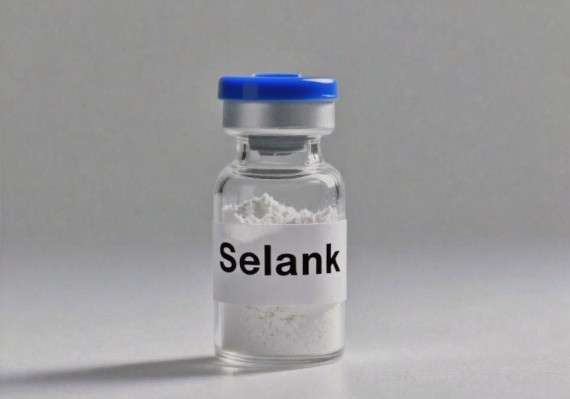 Vial of Selank medication with a blue cap and white label, containing white powder.