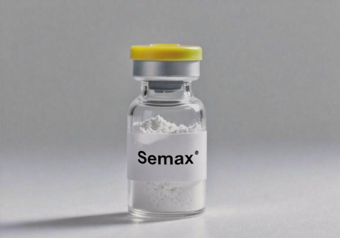 Vial of Semax, a white powder in a clear glass bottle with a yellow cap and a white label.