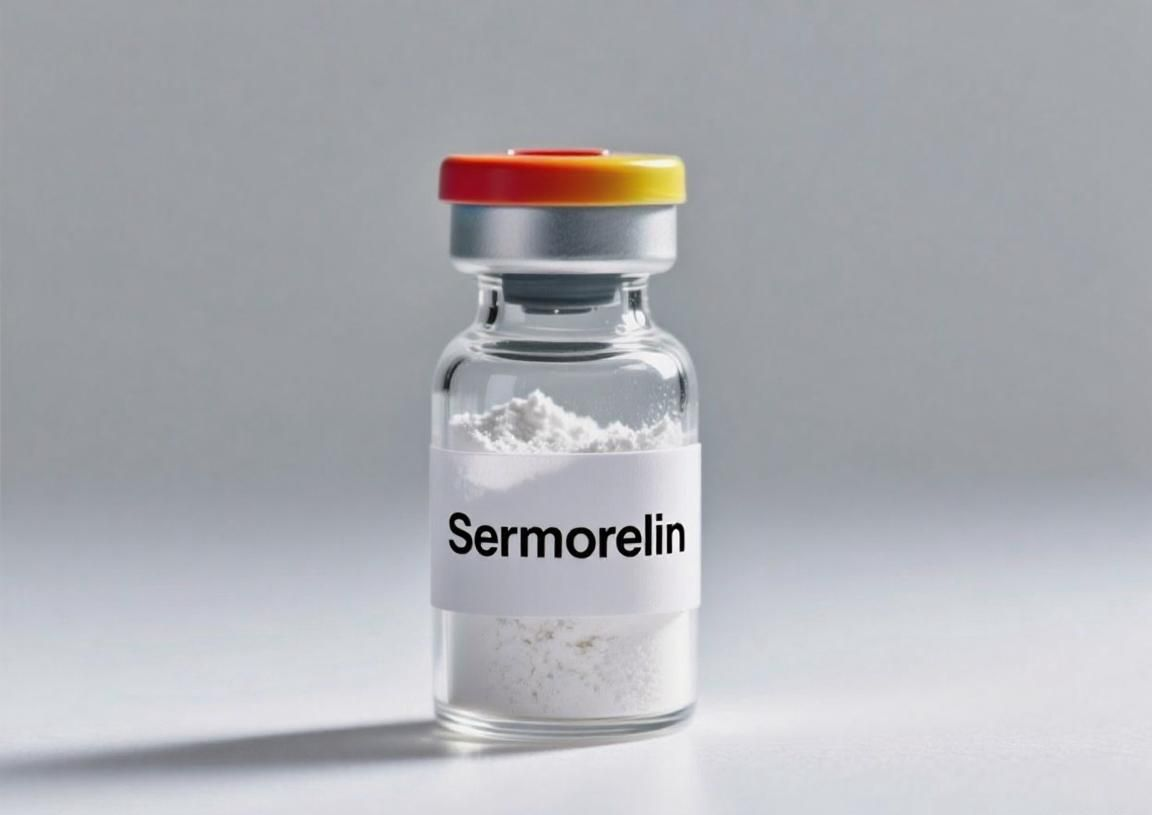 Vial of Sermorelin, a white powder medication, with a red and yellow cap, on a white surface.