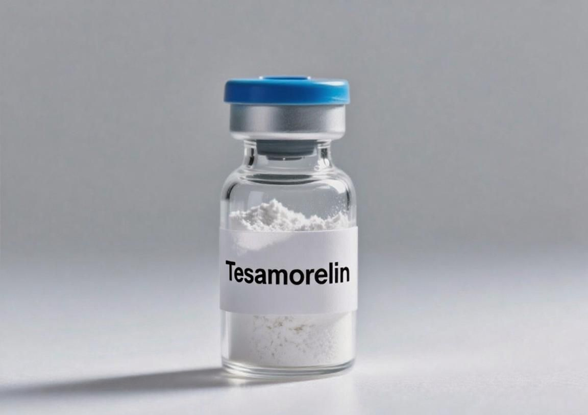 Vial of Tesamorelin, a white powder, with a blue cap and label.