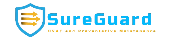 Logo for SureGuard HVAC and Preventative Maintenance: blue shield with arrows and blue text.