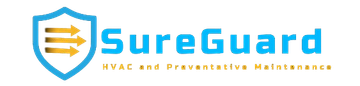 Logo for SureGuard HVAC and Preventative Maintenance: blue shield with arrows and blue text.