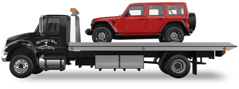 A red jeep is sitting on top of a flatbed tow truck.