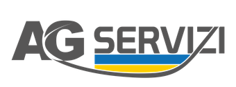Logo AG Servizi in grigio con sottolineatura curva blu e gialla