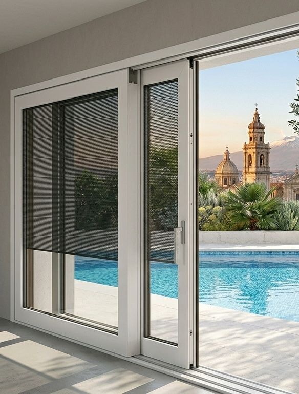 Le porte scorrevoli in vetro si aprono su una piscina e sullo skyline soleggiato della città, con una cattedrale in lontananza.