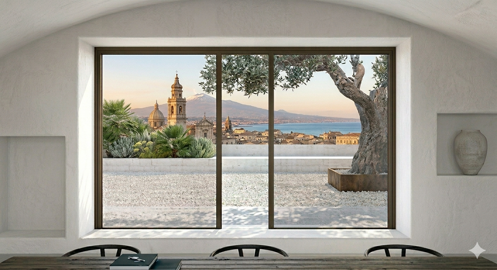 Camera moderna con un'ampia finestra che si affaccia su una città costiera, il campanile di una chiesa, il mare e un albero al tramonto.