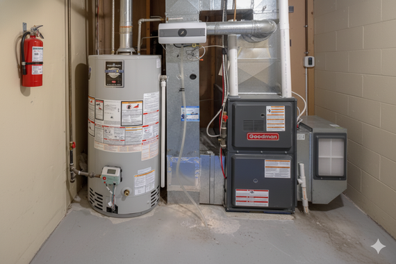 A hot water heater and an HVAC furnace unit situated in a corner next to a wall-mounted fire extinguisher.