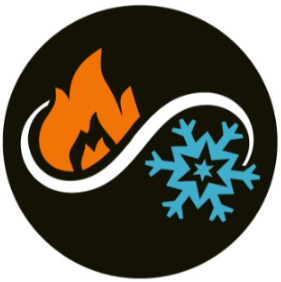 An orange flame and a blue snowflake are connected by a white infinity symbol inside a black circle.
