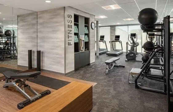 Modern gym with exercise machines, benches, mirrors, and a wood-paneled workout area