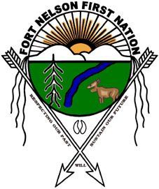 Fort Nelson First Nation logo: green field, river, sun, moose, arrows, text