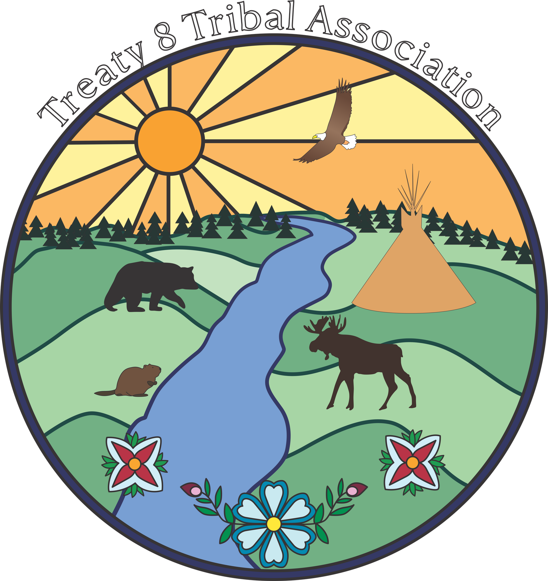 Round emblem featuring a landscape with a river, animals, teepee, eagle, and sun.
