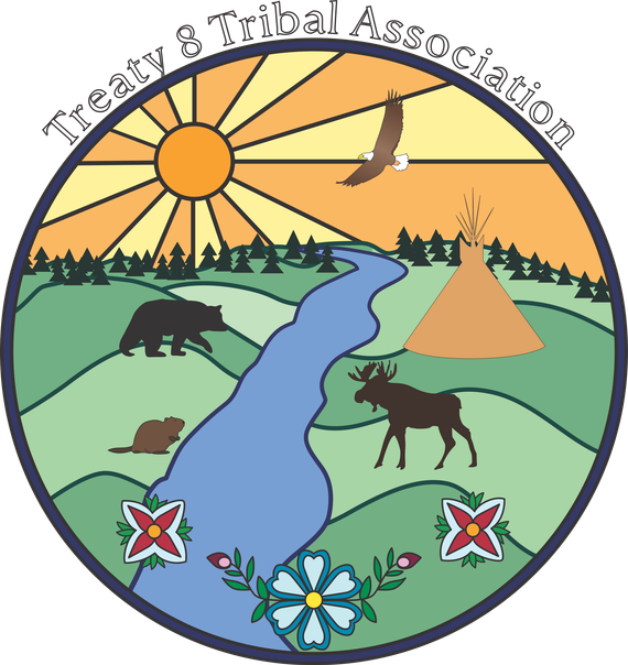 Circular logo of Treaty 8 Tribal Association featuring a sun, eagle, river, bear, moose, beaver, tipi, and floral design.