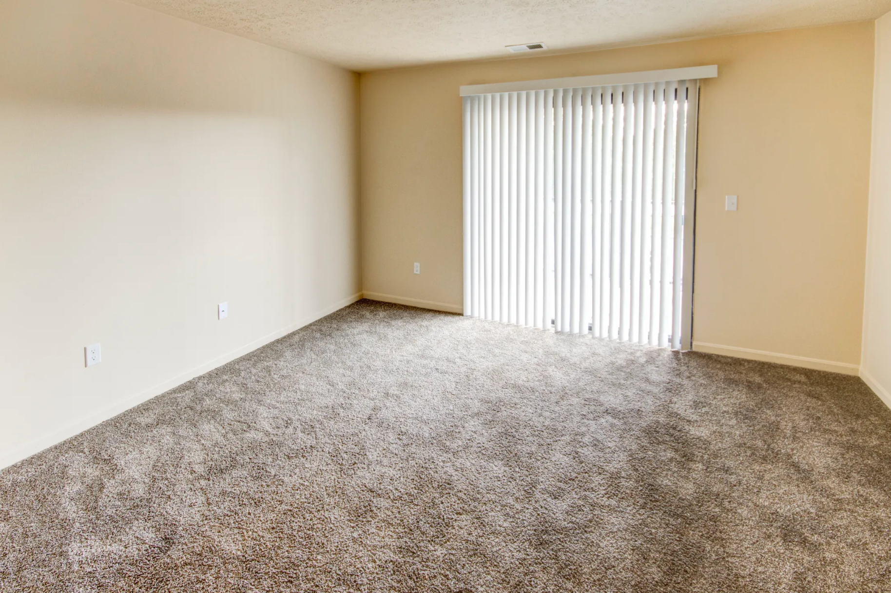 An empty living room with a sliding glass door and blinds.