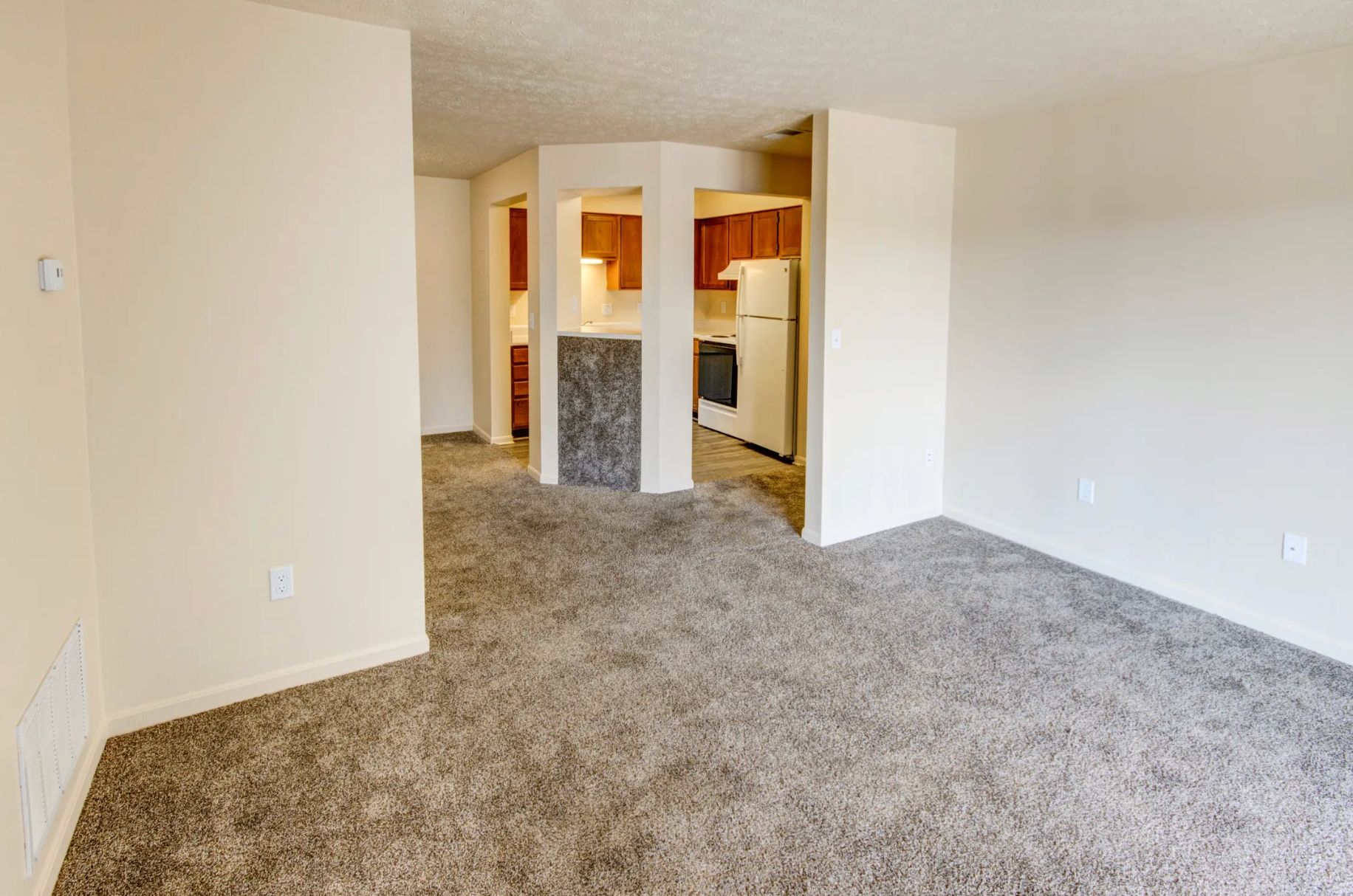 An empty living room with a carpeted floor and a kitchen in the background.