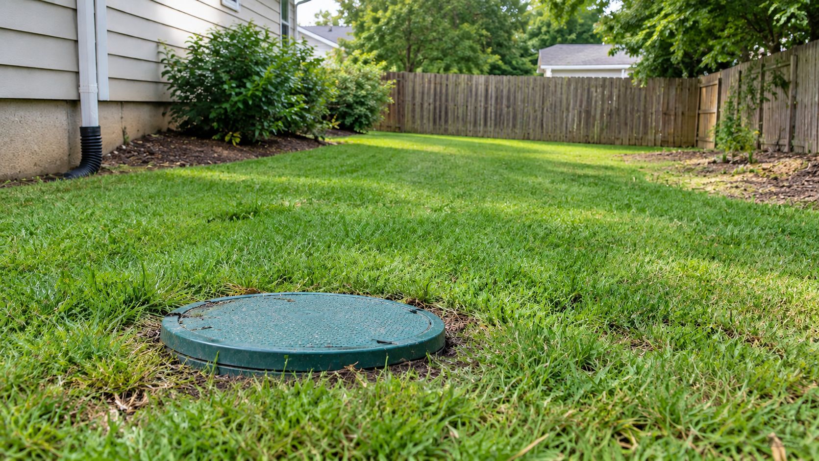 Backyard lawn with green utility cover in foreground, wooden fence and shrubs along the sides