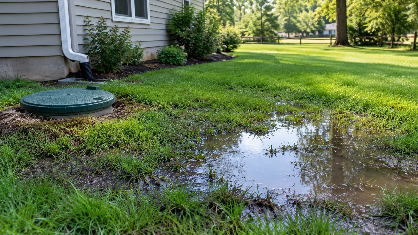 Water pooling in a grassy yard beside a house, near a green utility cover.