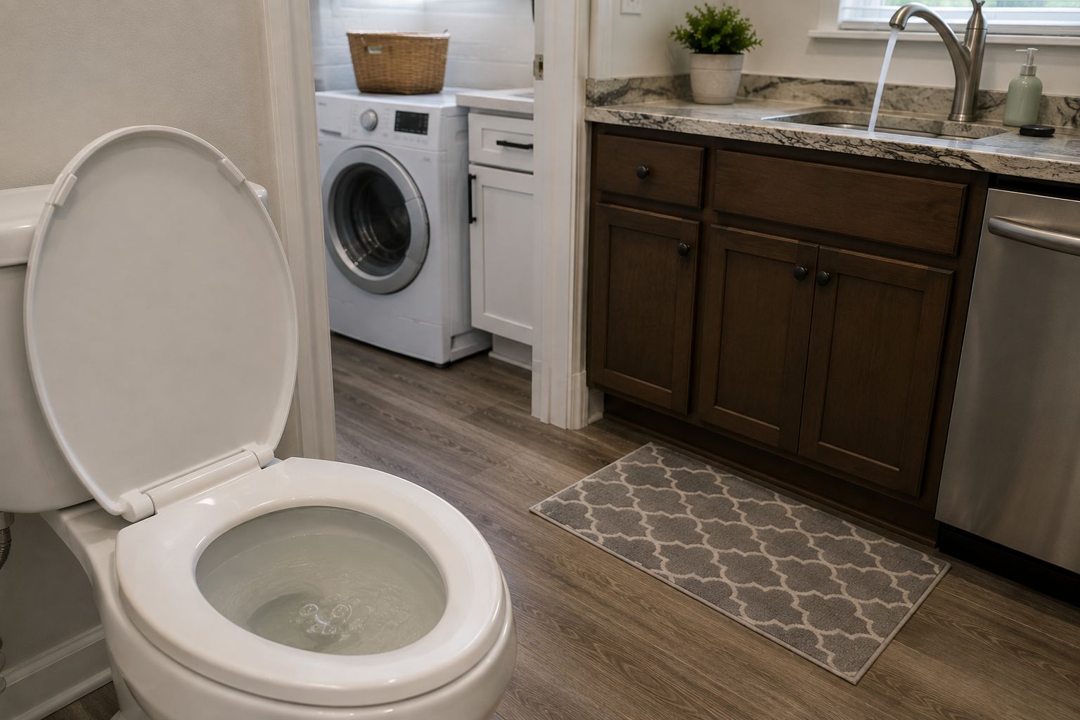 Open toilet in a kitchen next to a washer and sink
