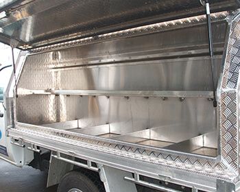 Stainless Steel Food Truck Serving Counter with Open Compartments — Weldcro Fabrication in Ballina, NSW