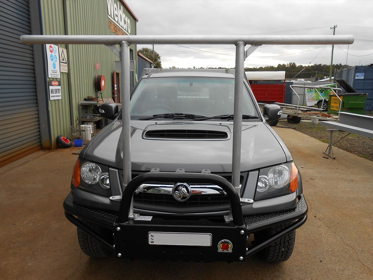 Steel Storage Racks and Bull Bar on a Grey Ute— Weldcro Fabrication in Ballina, NSW