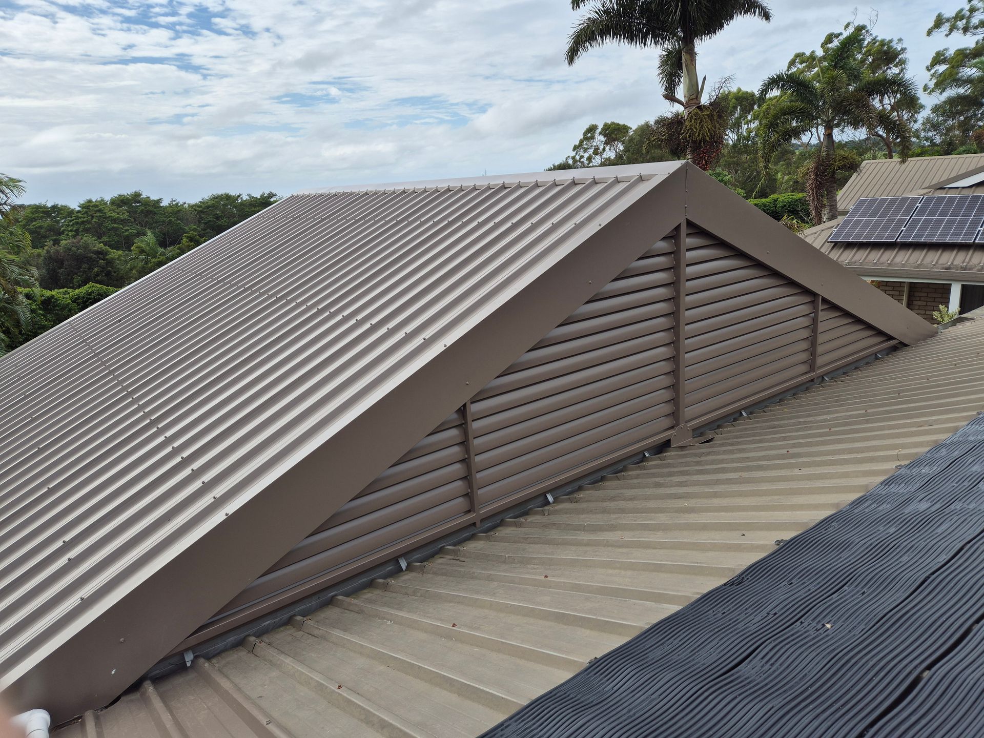 Steel Roof with Metal Slatted Side Eave — Weldcro Fabrication in Ballina, NSW