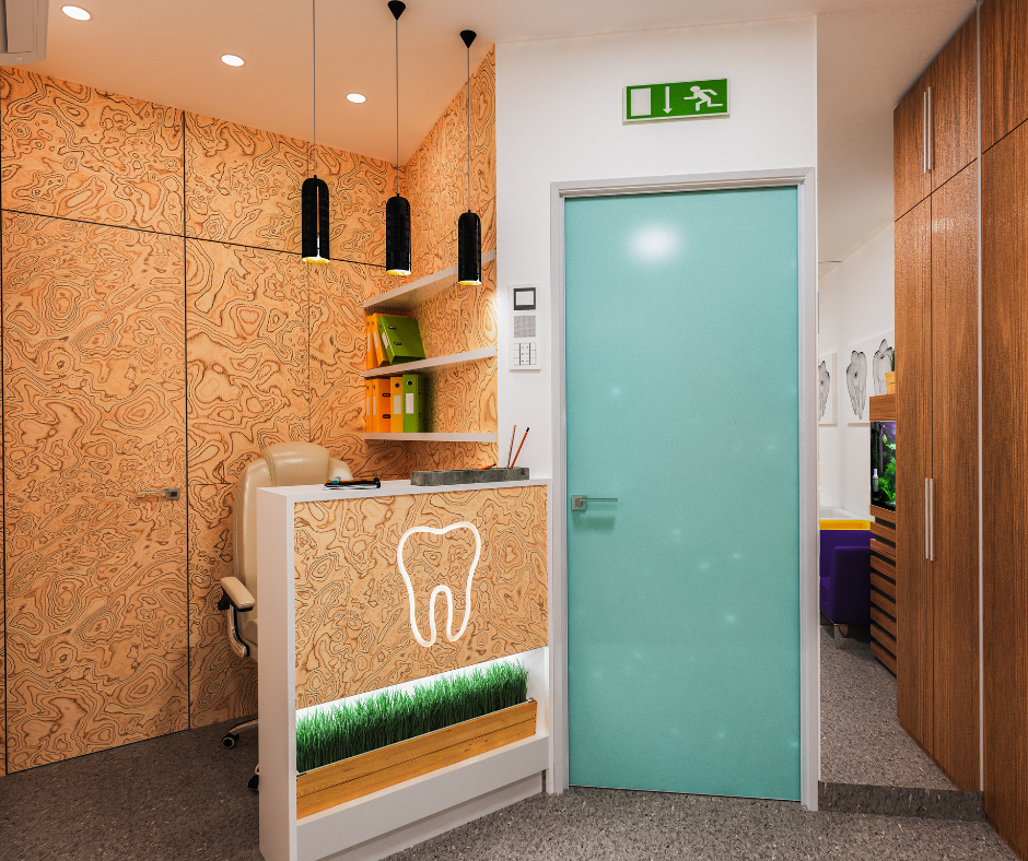 Small dental clinic reception with wooden walls, mint-green door, hanging lights, and a tooth logo desk.