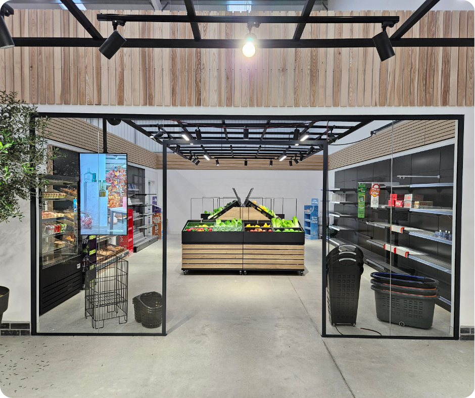 Modern grocery store entrance with produce display, black shelving, and a lit wood-accented interior