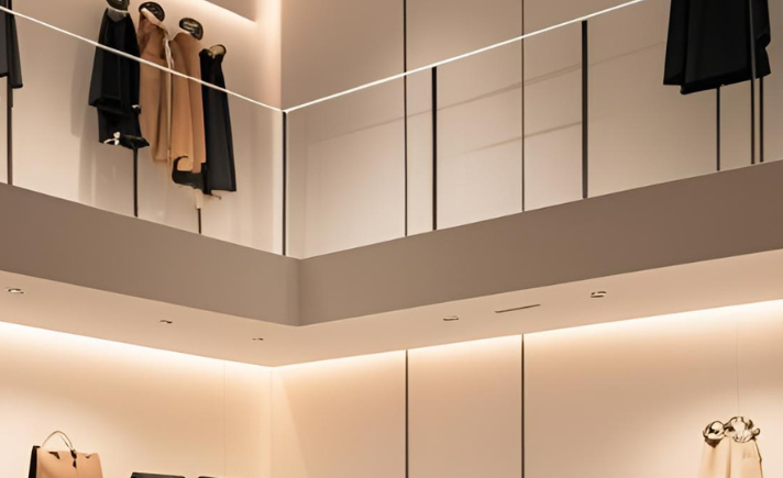 Modern boutique interior with beige walls, upper-level railing, and clothing displays hanging above and below