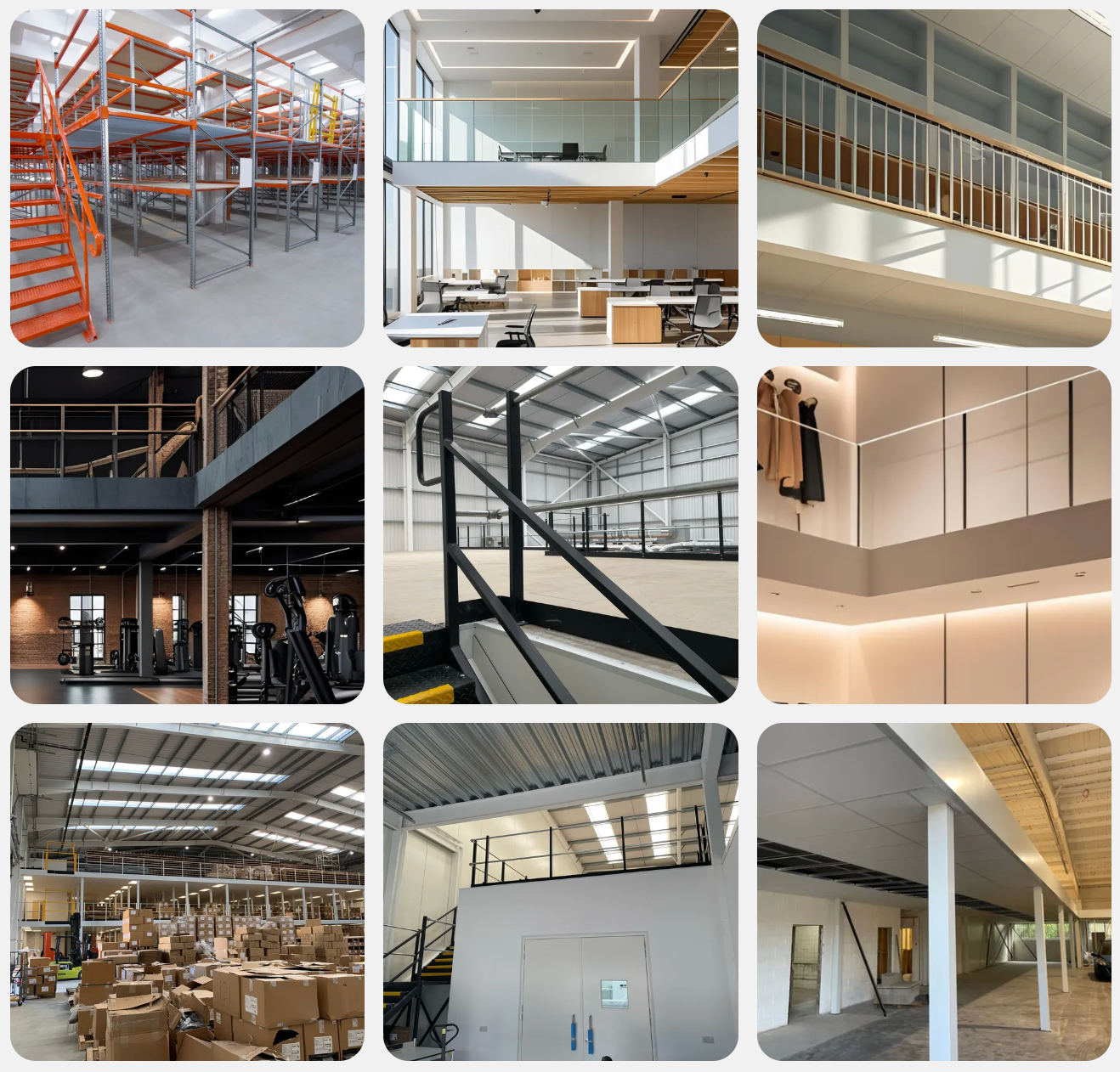Collage of modern industrial interior spaces with steel framing, mezzanines, stairs, and warm lighting