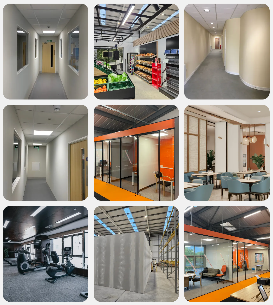 Collage of modern interiors: hallways, office, storefront, meeting room, gym, and warehouse spaces.