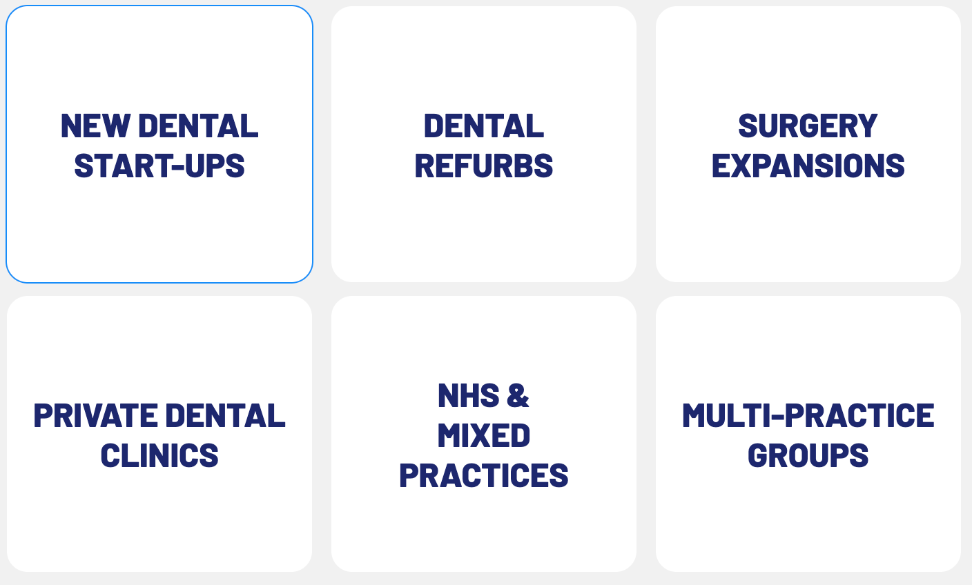 Six white tiles with blue labels: new dental start-ups, refurbs, surgery expansions, private clinics, NHS and mixed practices, multi-practice groups