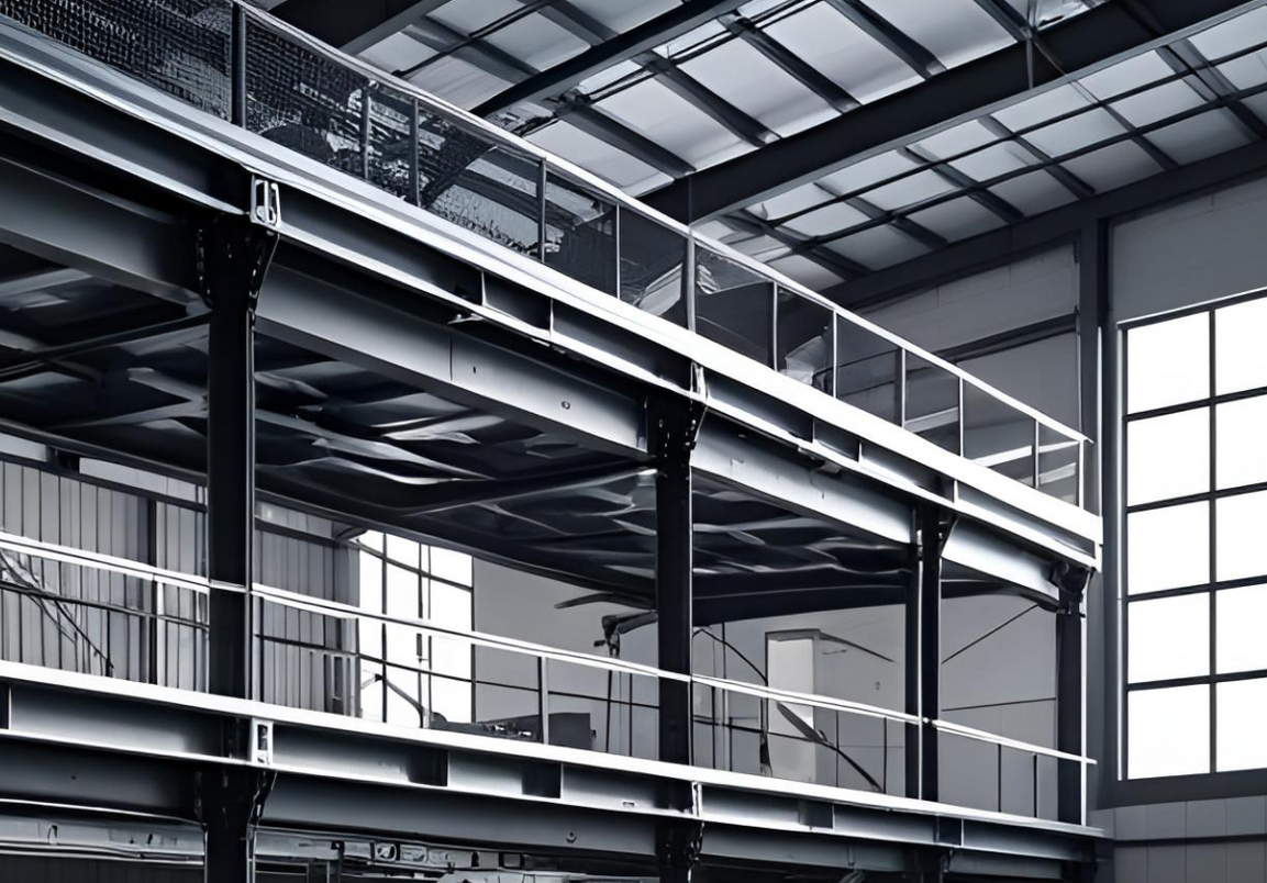 Empty industrial warehouse interior with metal beams, mezzanine walkways, and large windows