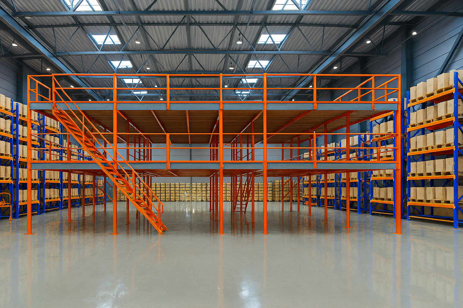 Large warehouse with orange mezzanine stairs and shelving racks stocked with boxes