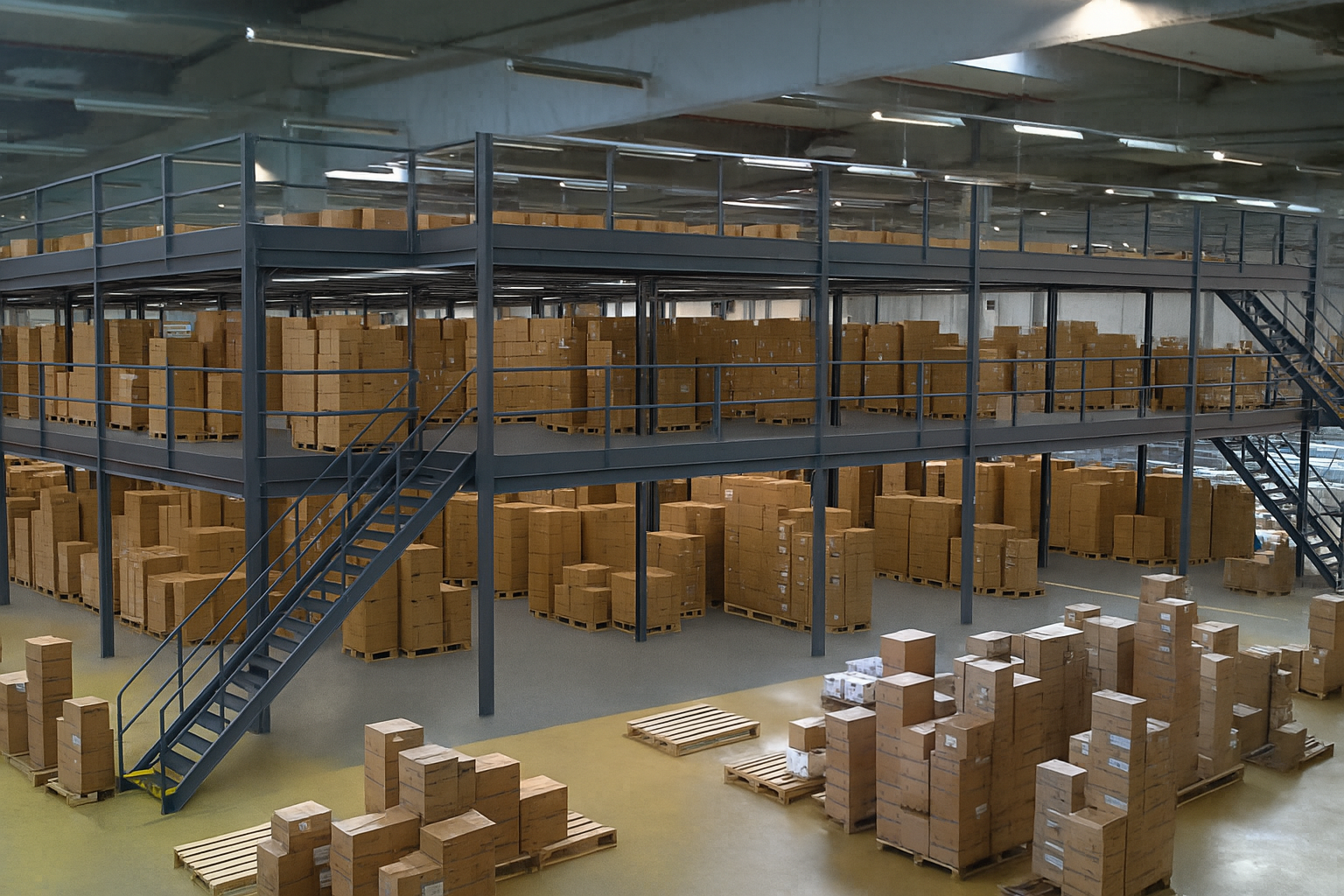 Large warehouse with stacked cardboard boxes, metal shelving, and stairs in an industrial storage area