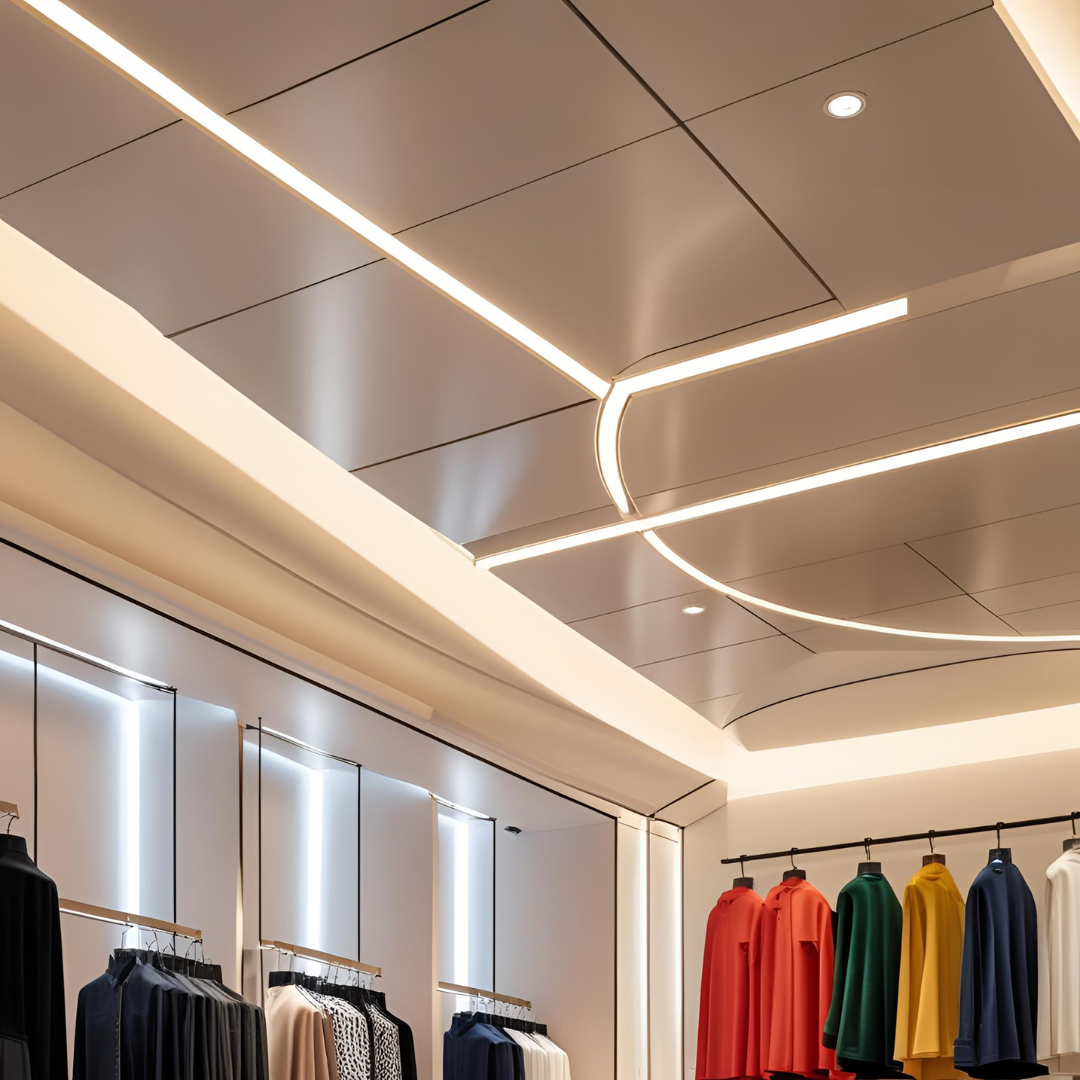 Modern clothing store interior with ceiling strip lights and colorful hanging garments