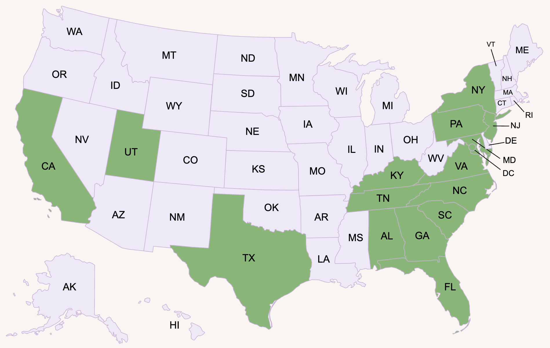 US map with states labeled; selected states highlighted in green on a light background